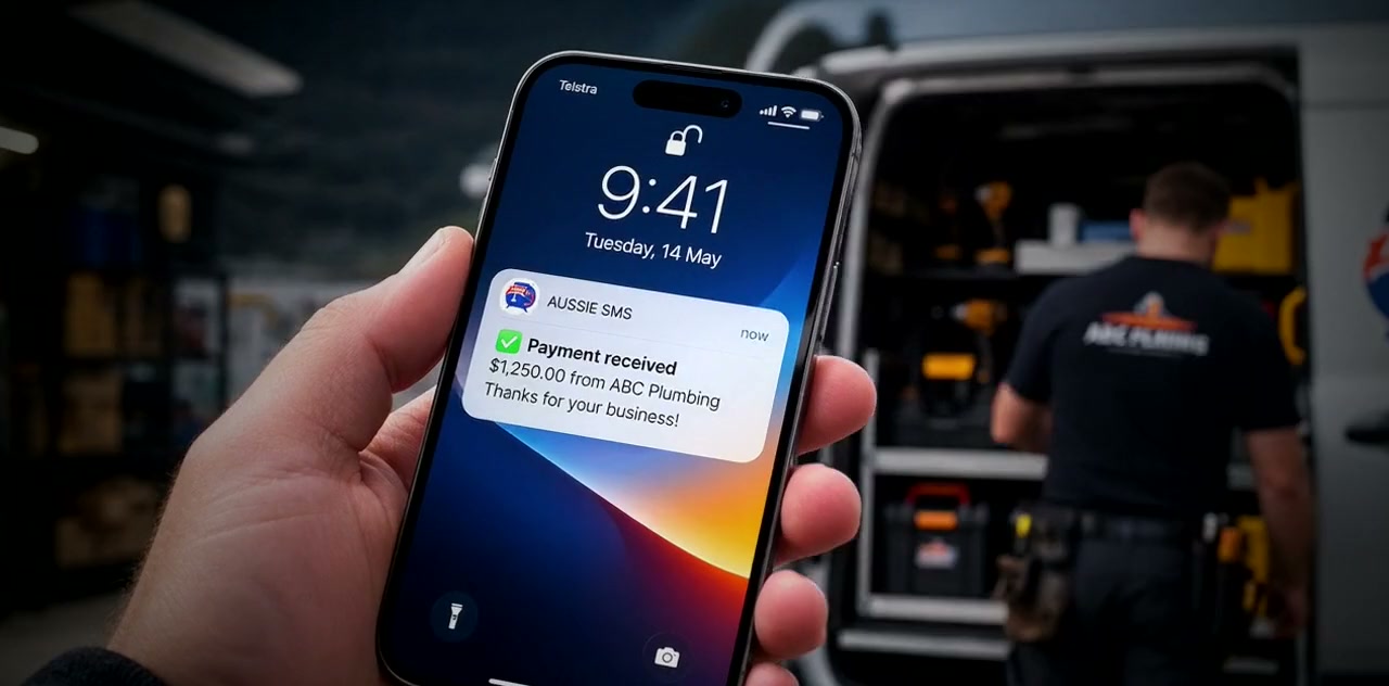A customer phone showing an Aussie SMS payment notification, with an Australian trades business behind it